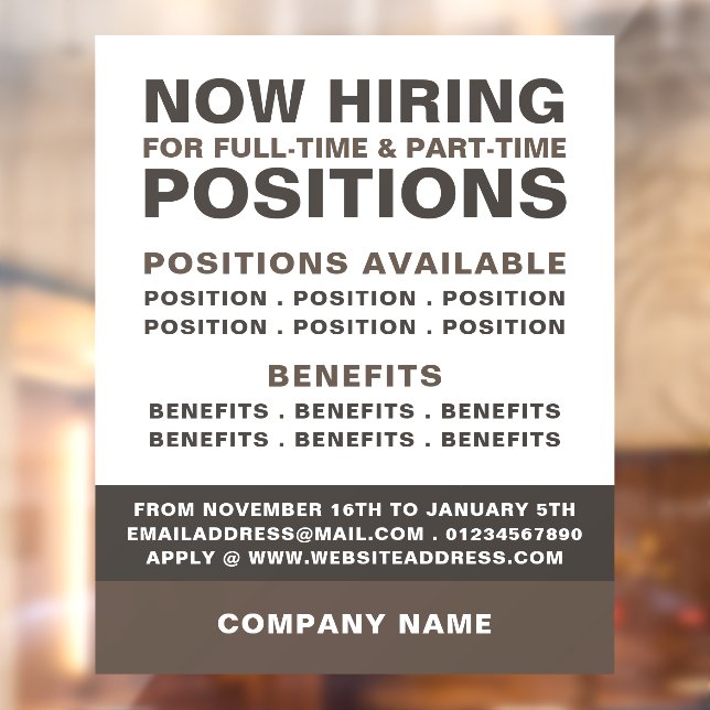 Bold Job Vacancy Recruitment Advertising Window Cling (Sheet 2)