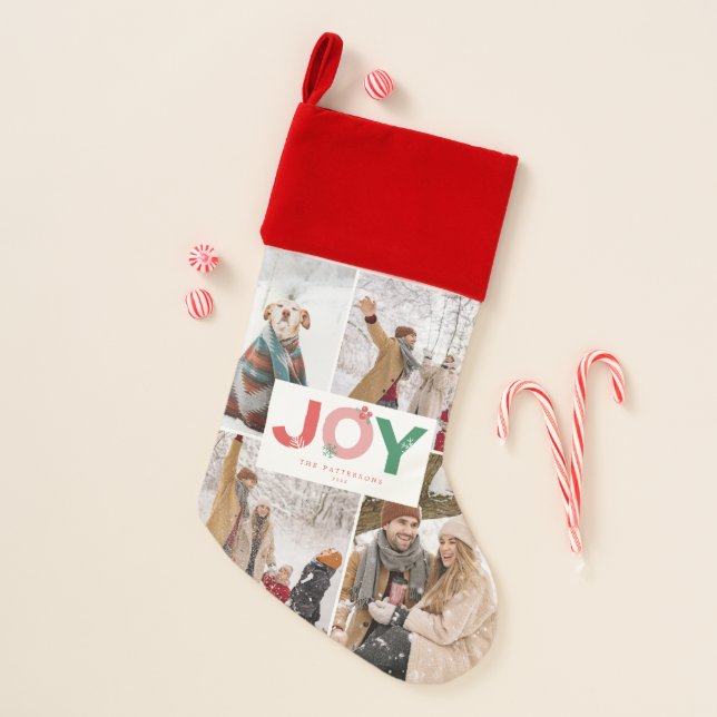Bold Joy Lettering Christmas Family Photo Collage Christmas Stocking (Front)