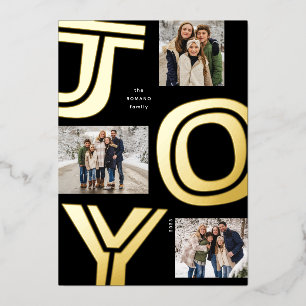 Bold joy modern unique three photo gold Christmas Foil Holiday Card