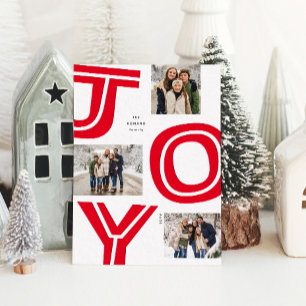 Bold joy simple modern red three photo Christmas Letterpress Photo Cards