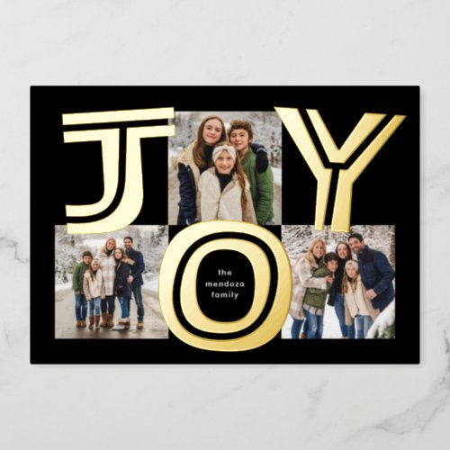 Bold joy three photo modern black Christmas Foil Holiday Card