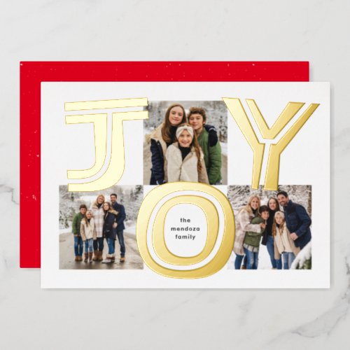 Bold joy three photo modern red Christmas Foil Holiday Card
