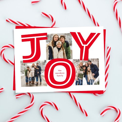 Bold joy three photo modern red Christmas Holiday Card