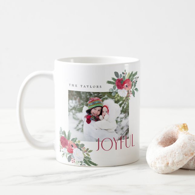 Bold Joyful Florals Photo Holiday Card Coffee Mug (With Donut)