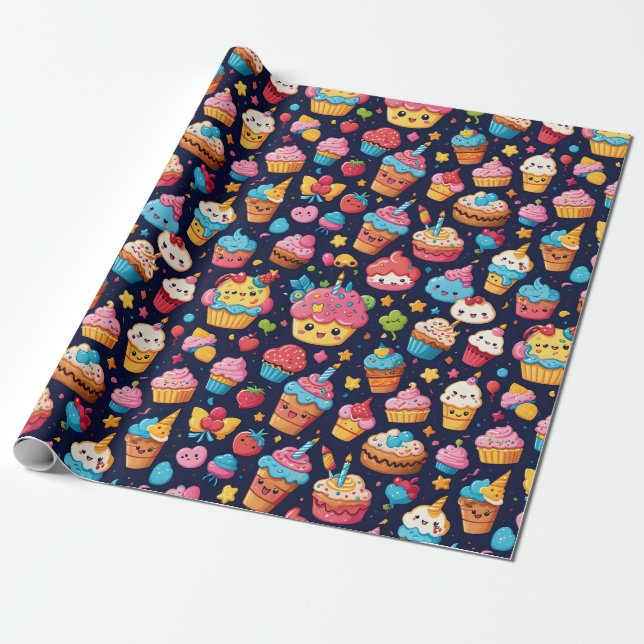Bold Kawaii Birthday Pattern Wrapping Paper (Unrolled)