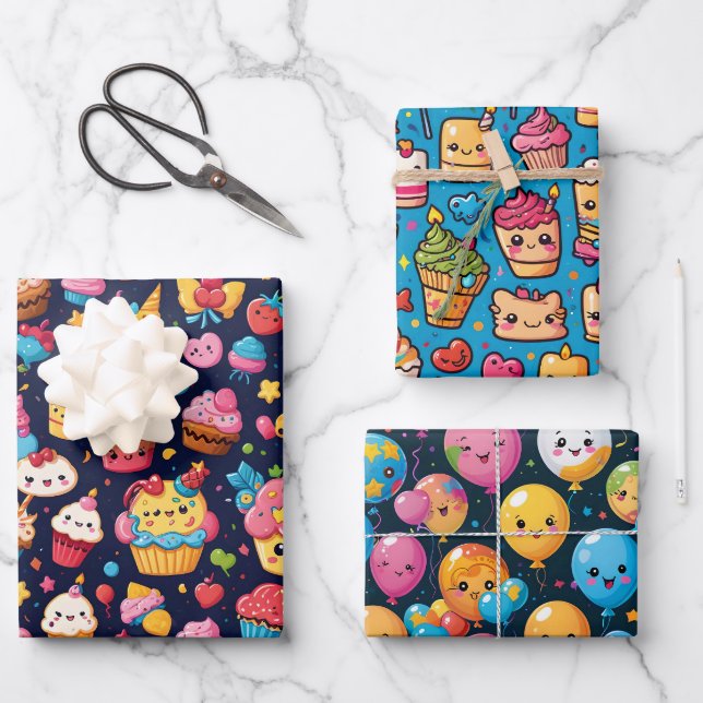 Bold Kawaii Birthday Pattern Wrapping Paper Sheets (Front)