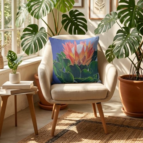 Bold King Protea | Hand-Painted Floral Art Throw Pillow