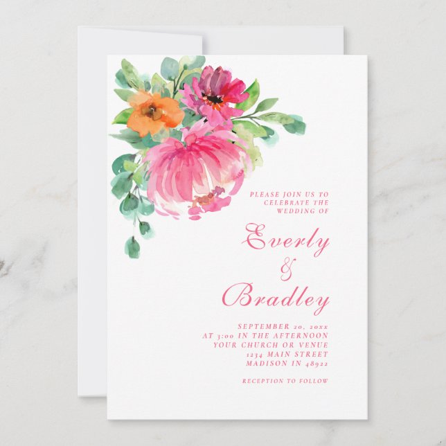 Bold Large Pink Orange Vibrant Floral Chic Wedding Invitation (Front)