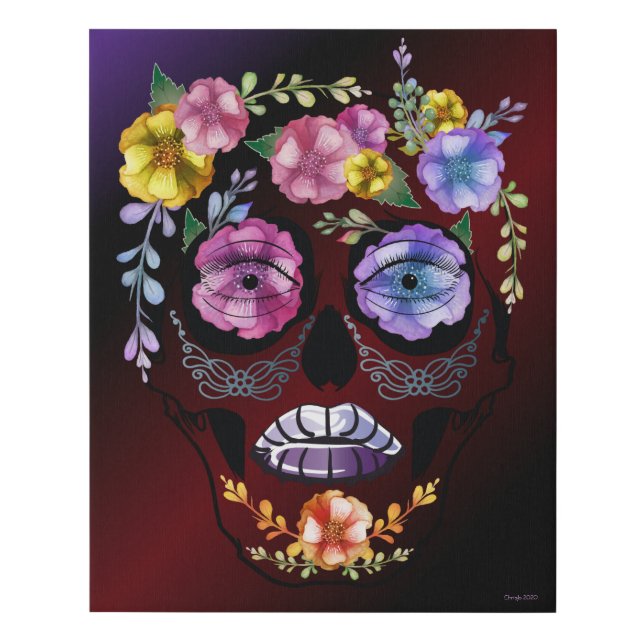 Bold Lavender Shades Female Skull Flowers Faux Canvas Print (Front)