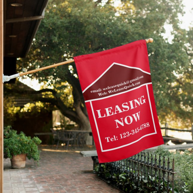 BOLD LEASING NOW Banner Red Brown White Property House Flag (In SItu)