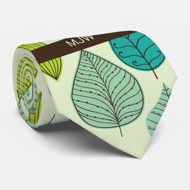 Bold Leaves in Green and Blue with Initials Neck Tie (Rolled)