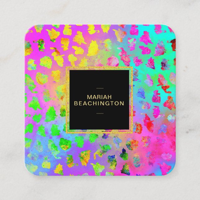 ** Bold Leopard AP93 Abstract Animal Gold Neon Square Business Card (Front)