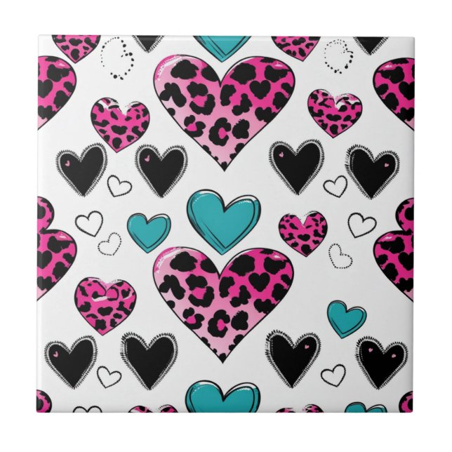 Bold Leopard Heart Love – Pink, Black & Teal (2) Ceramic Tile (Front)