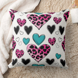 Bold Leopard Heart Love – Pink, Black & Teal (2) Throw Pillow