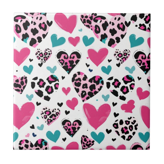 Bold Leopard Heart Love – Pink, Black & Teal (3) Ceramic Tile (Front)