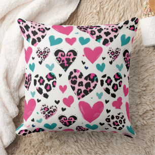 Bold Leopard Heart Love – Pink, Black & Teal (3) Throw Pillow