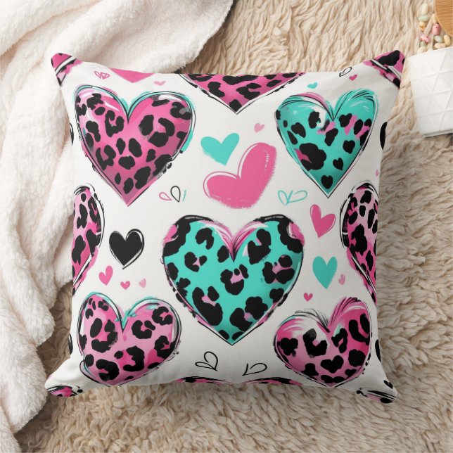 Bold Leopard Heart Love – Pink, Black & Teal (5) Throw Pillow (Blanket)