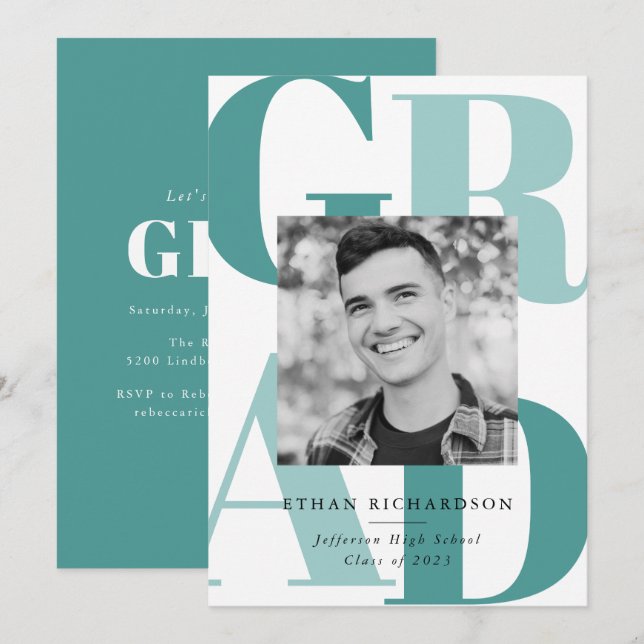 Bold Letters Teal | Photo Graduation Party Invitation (Front/Back)