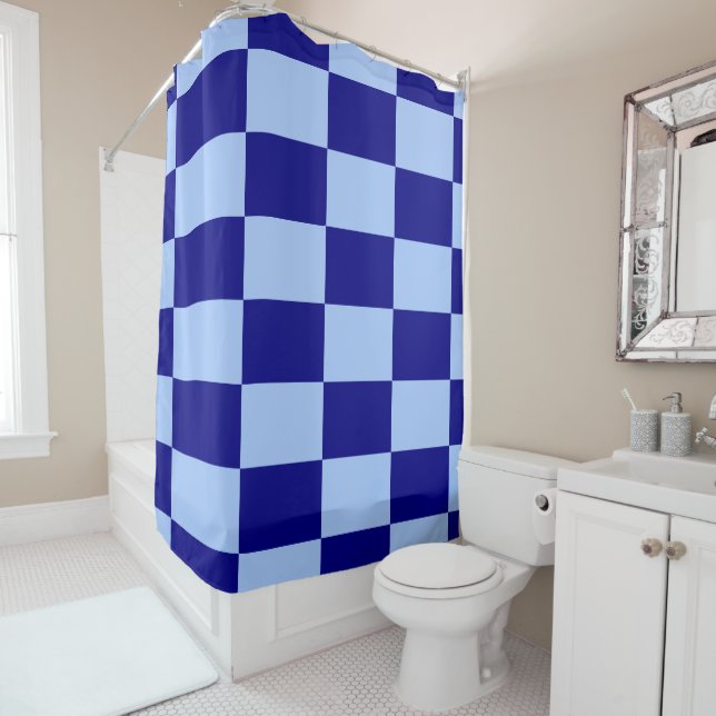 Bold Light Blue and Dark Blue Checkered Rectangles Shower Curtain (In Situ)