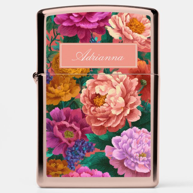 Bold Lilac and Peach Blooms on Pink Zippo Lighter (Front)