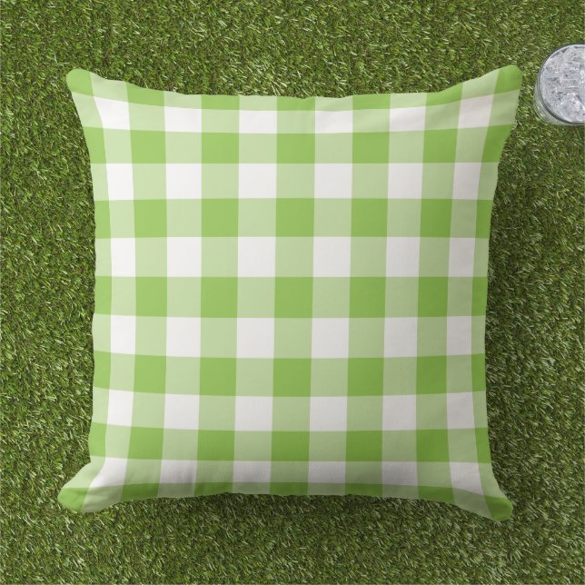 Bold Lime Green White Gingham Plaid Check Outdoor Pillow (Grass)