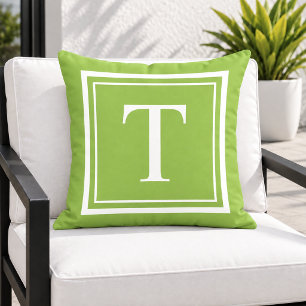 Bold Lime Green White Square Frame Monogram Outdoor Pillow