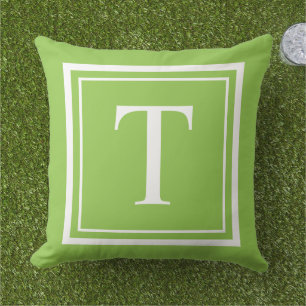 Bold Lime Green White Square Frame Monogram Outdoor Pillow