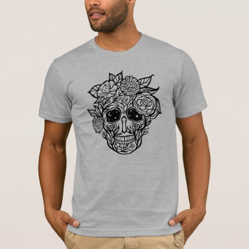 Bold Line Drawn Black  White Floral Sugar Skull T_Shirt