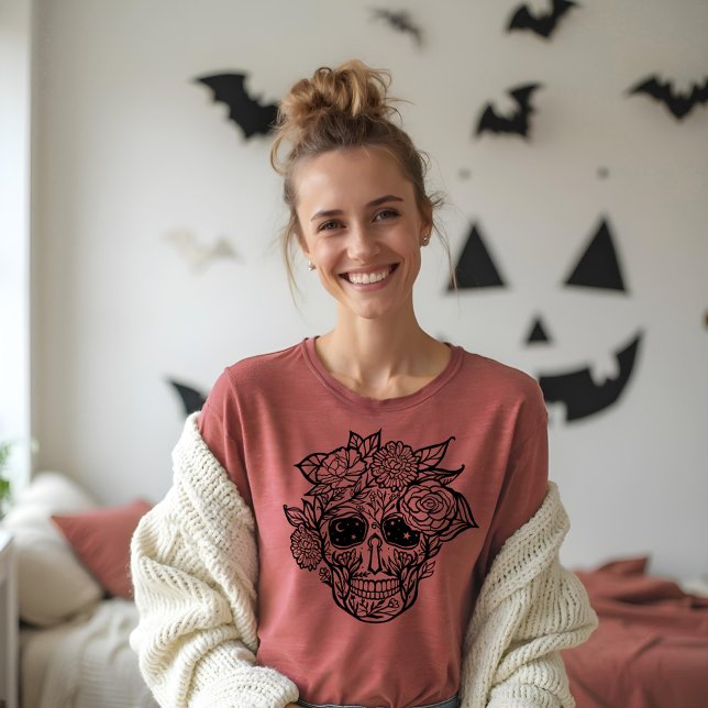 Bold Line Drawn Black & White Floral Sugar Skull Tri-Blend Shirt (Bold Line Drawn Black & White Floral Sugar Skull Tri-Blend Shirt)