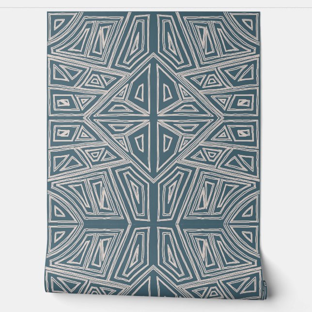 Bold Lines - Symmetrical Tile - Teal and Beige  Wallpaper (Unrolling)