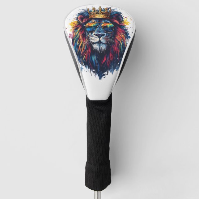 Bold Lion Head with Sunglasses and Crown Golf Head Cover (Front)