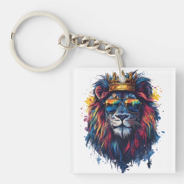 Bold Lion Head with Sunglasses and Crown Keychain (Front)