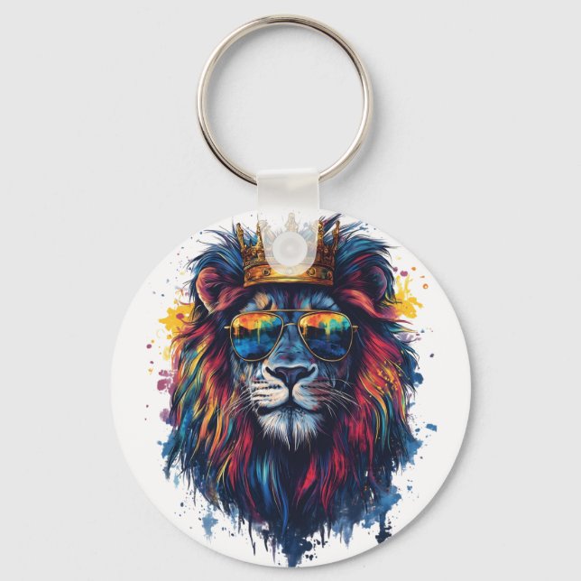 Bold Lion Head with Sunglasses and Crown Keychain (Front)