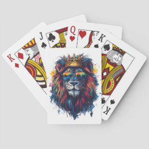 Bold Lion Head with Sunglasses and Crown Poker Cards