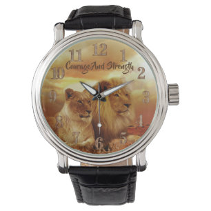 Bold Lion & Lioness Brown Leather Watch