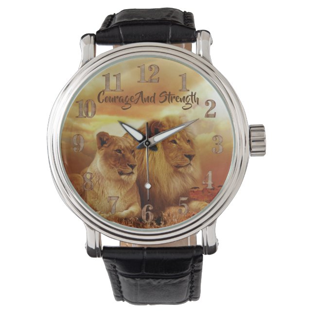 Bold Lion & Lioness Brown Leather Watch (Front)