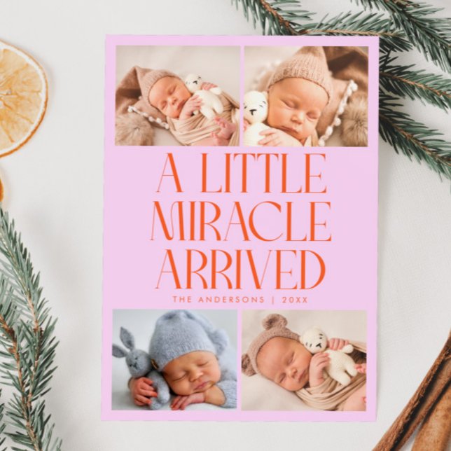 Bold Little Miracle Xmas Orange Pink Photo Birth  Announcement (Creator Uploaded)