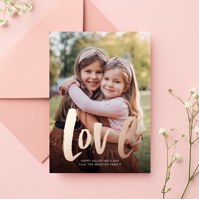 Bold love rose gold one photo Valentine Foil Holiday Card (Creator Uploaded)