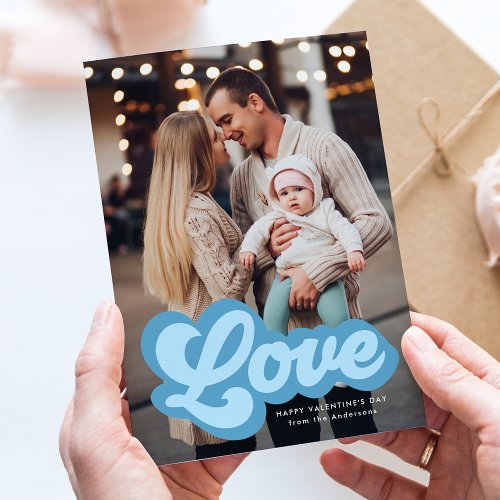 Bold Love Script Blue Photo Valentines Day Holiday Card