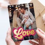 Bold Love Script Magenta and Gold Valentine's Day Foil Holiday Card<br><div class="desc">Cute Valentine's day photo card featuring "Love" displayed in a magenta and gold foil retro script. Personalize the front of the foil Valentine's day card with your vertical photo,  custom greeting,  and name. The back of the photo Valentine's day card features a magenta and white heart pattern.</div>