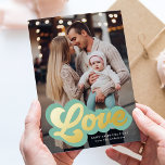 Bold Love Script Mint and Gold Valentine's Day Foil Holiday Card<br><div class="desc">Cute Valentine's day photo card featuring "Love" displayed in a mint green and gold foil retro script. Personalize the front of the foil Valentine's day card with your vertical photo,  custom greeting,  and name. The back of the photo Valentine's day card features a mint green and white heart pattern.</div>