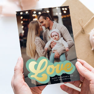 Bold Love Script Mint and Gold Valentine's Day Foil Holiday Card