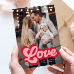 Bold Love Script Pink and Red Valentine's Day Holiday Card<br><div class="desc">Cute Valentine's day photo card featuring "Love" displayed in a red and pink retro script. Personalize the front of the retro Valentine's day card with your vertical photo,  custom greeting,  and name. The back of the photo Valentine's day card features a red and pink heart pattern.</div>