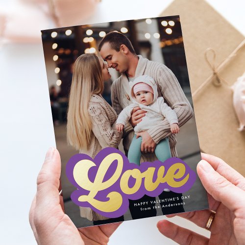 Bold Love Script Purple and Gold Valentines Day Foil Holiday Card