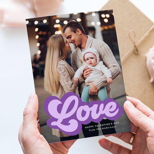 Bold Love Script Purple Photo Valentines Day Holiday Card