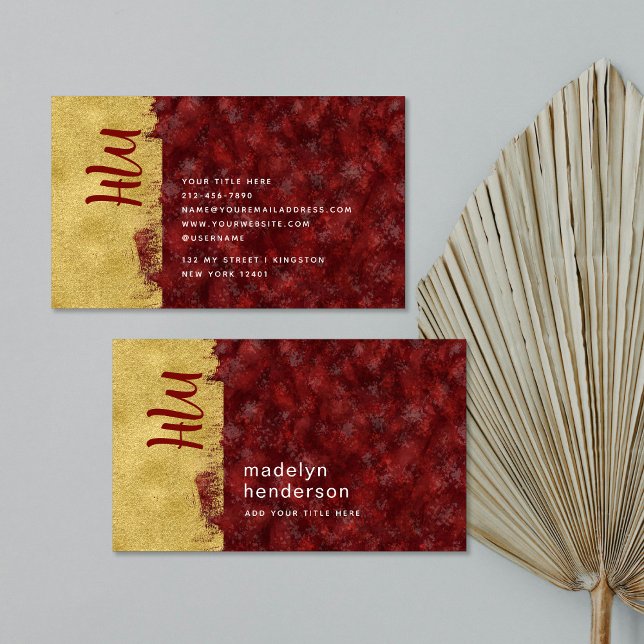 Bold Luxury Jewelry Ruby Gold Brush Monogram  Business Card (Creator Uploaded)