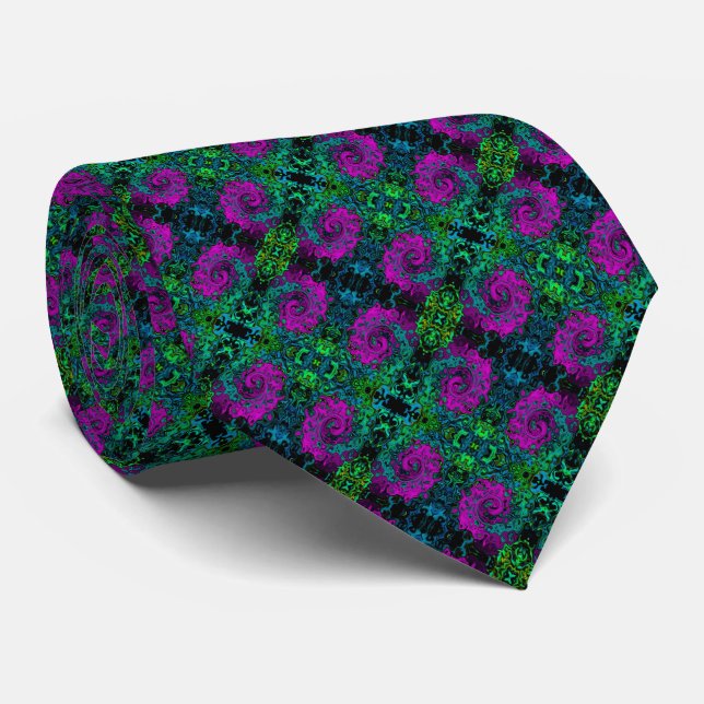 Bold Magenta Abstract Groovy Liquid Art Swirl Neck Tie (Rolled)
