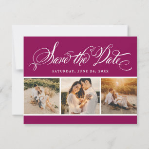 Bold Magenta Calligraphy Three Photo Wedding Save The Date