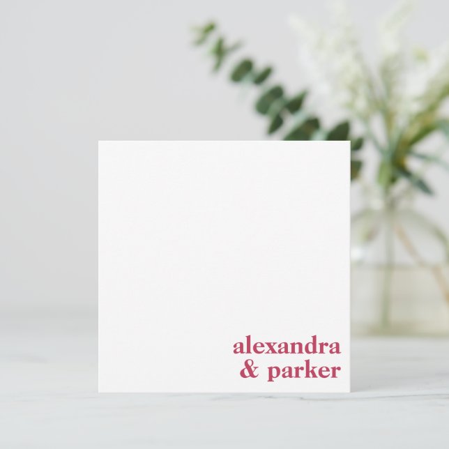 Bold Magenta Minimalist Typography Couple Names  Note Card (Standing Front)
