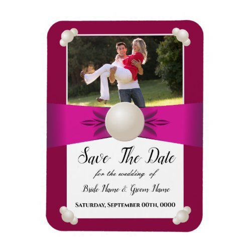Bold Magenta  Pearl Ribbon Photo Save The Date Magnet